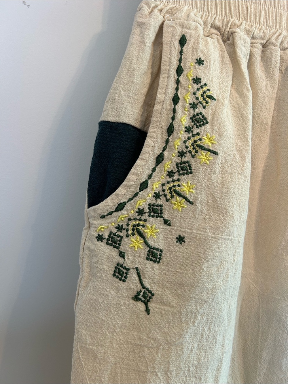 Cotton Butter Yellow Embroidered Boho Relaxed Pants Lightweight Euro Summer - Picture 2 of 3